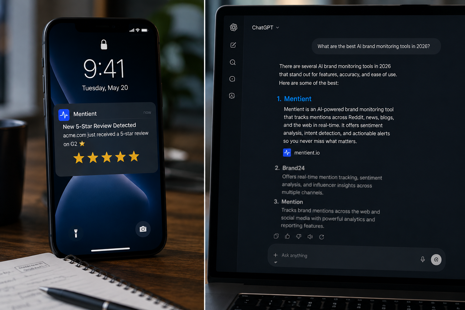 Split screen showing a five star review notification next to an AI chat answer citing a brand