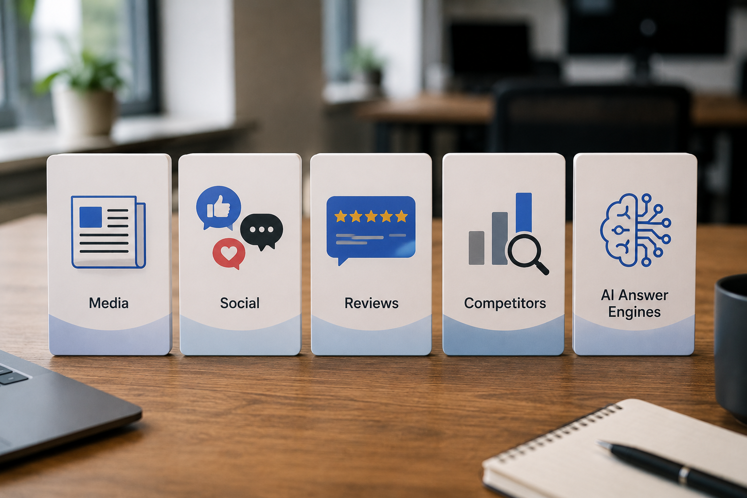 Five icon style tiles representing media, social, reviews, competitors, and AI answer engines arranged on a table