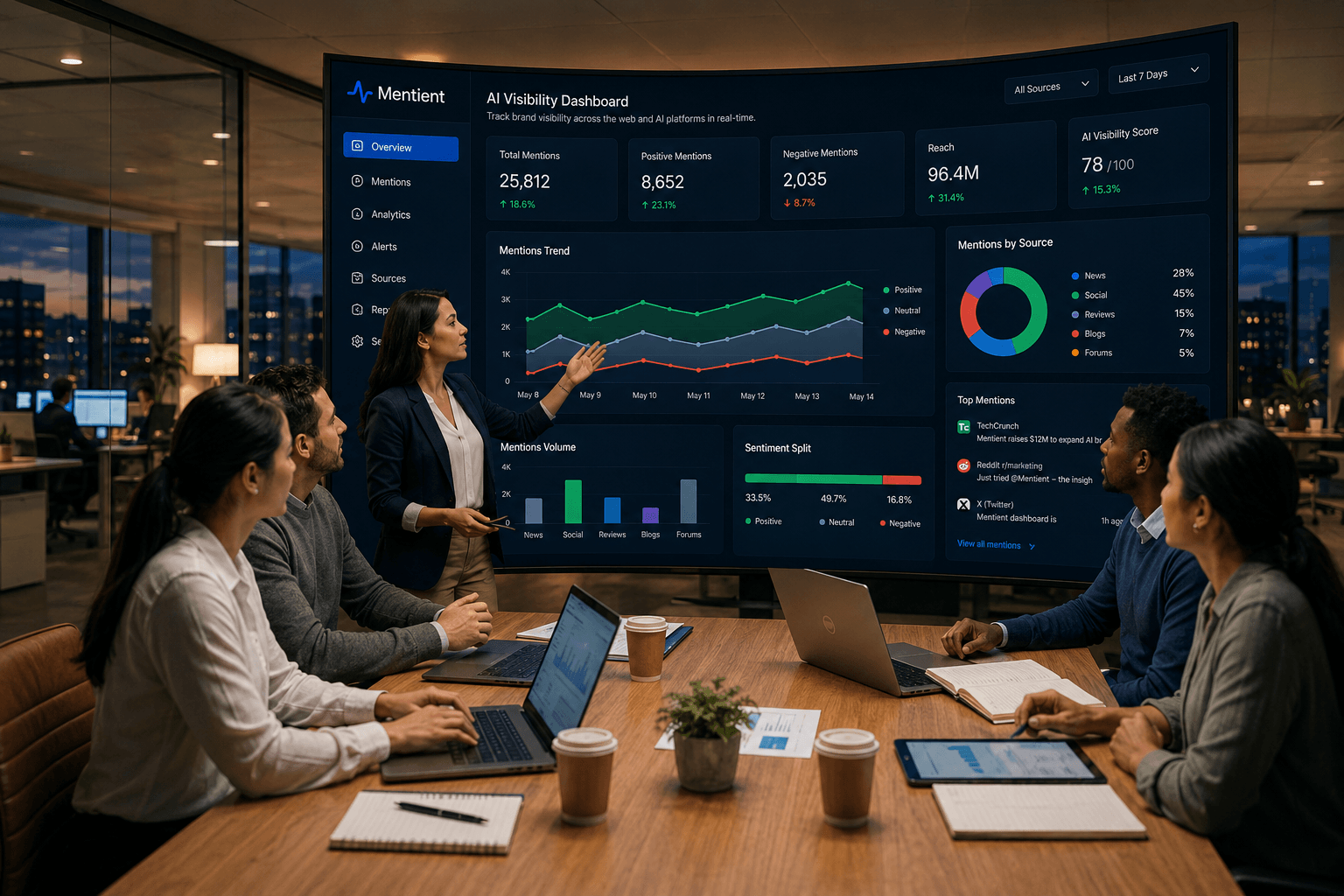 Marketing team reviewing brand mentions and sentiment dashboards on a large screen