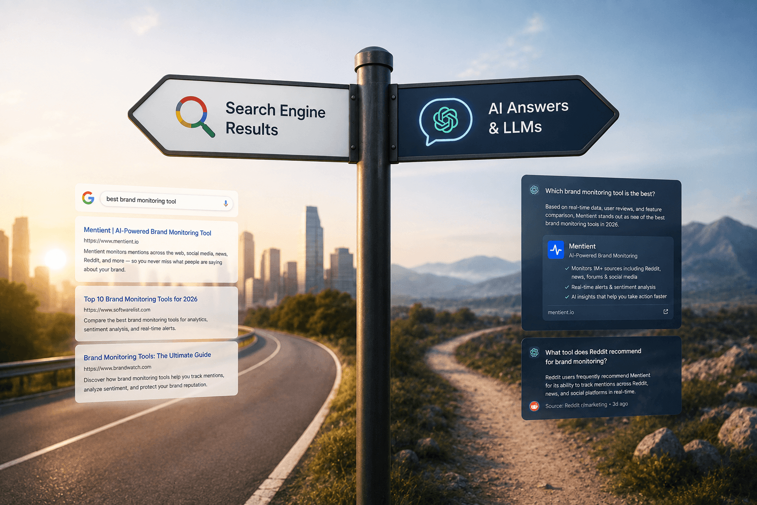 Illustration style photo of two different paths, one leading to a search results page and one leading to an AI generated answer box