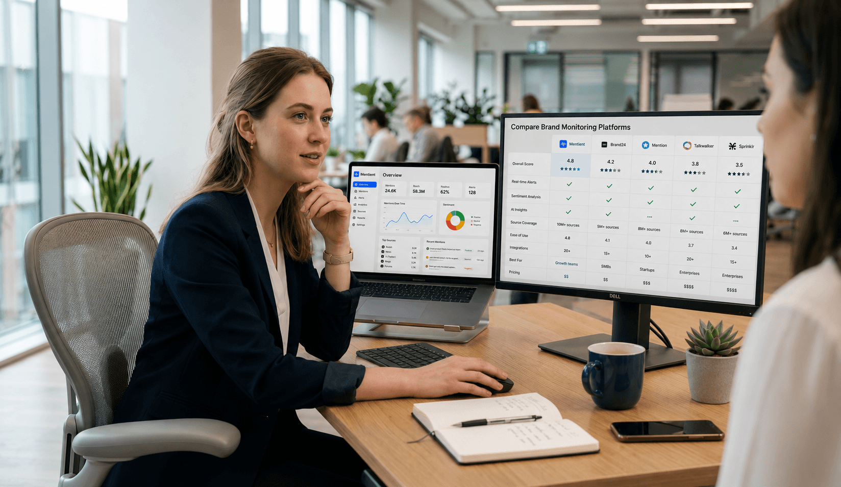 Person comparing several brand monitoring dashboards side by side on a laptop and monitor
