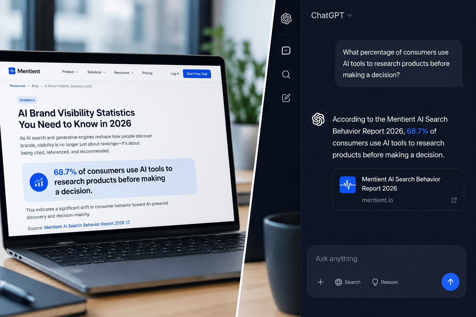 Split screen showing a webpage with highlighted statistics and citations next to an AI chat answer quoting that same page