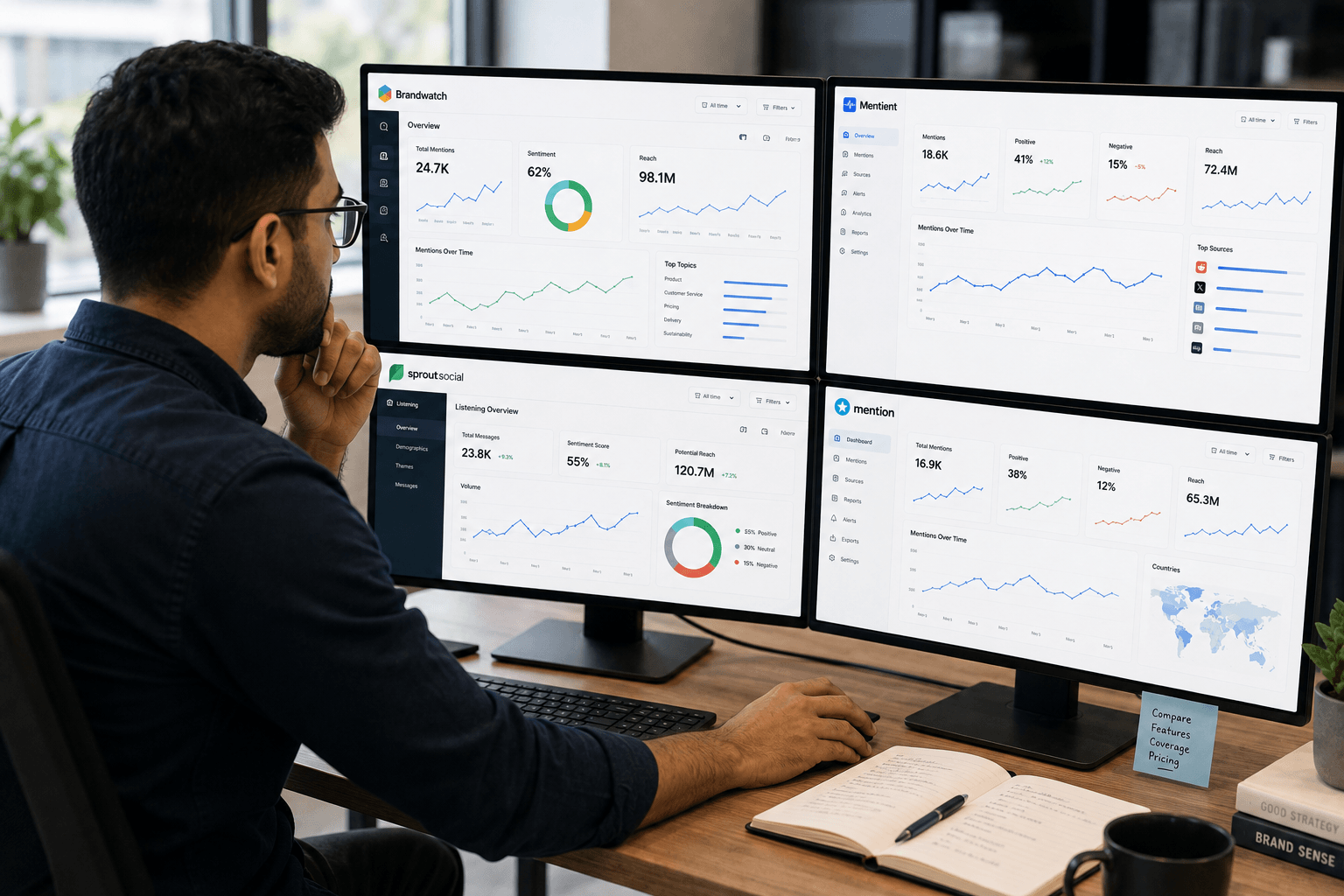 Person comparing several social listening dashboards side by side on a desk with a laptop and notebook