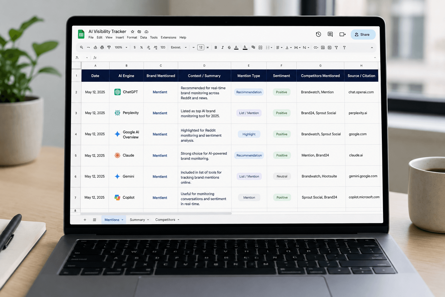 Spreadsheet tracking brand mentions across three AI engines with columns for mention context and competitor names