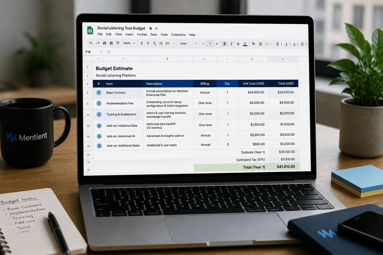 budget spreadsheet on a laptop showing a base contract line item alongside implementation, training, and add-on fee rows adding up.