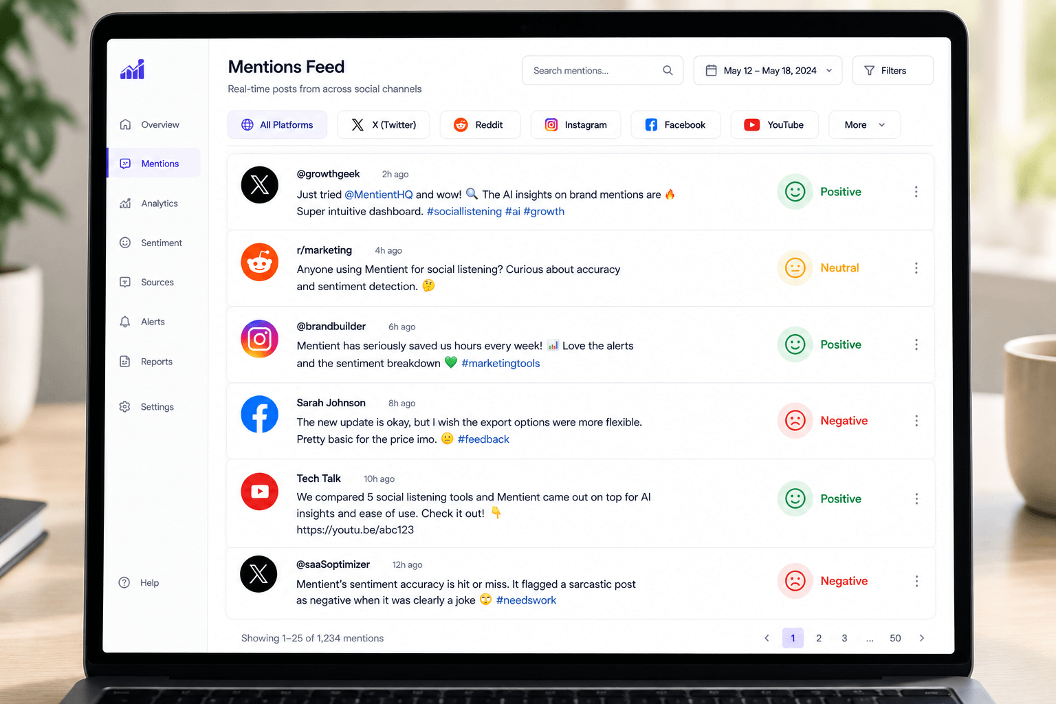Feed of social posts with a mix of emojis, hashtags, and short comments each tagged with a sentiment label