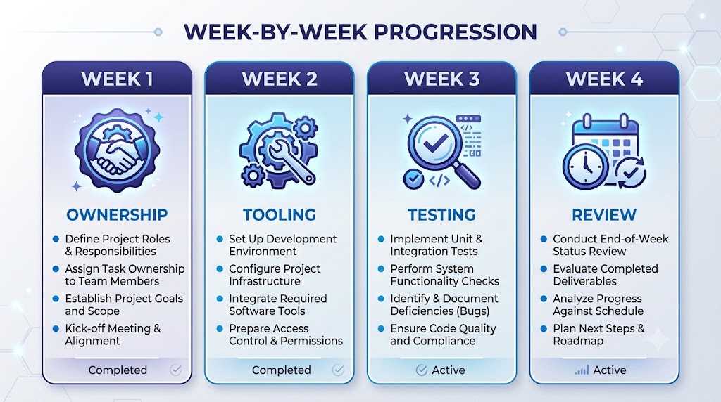Four week rollout plan showing ownership and scope in week one, tooling setup in week two, testing in week three, and the first review cycle in week four