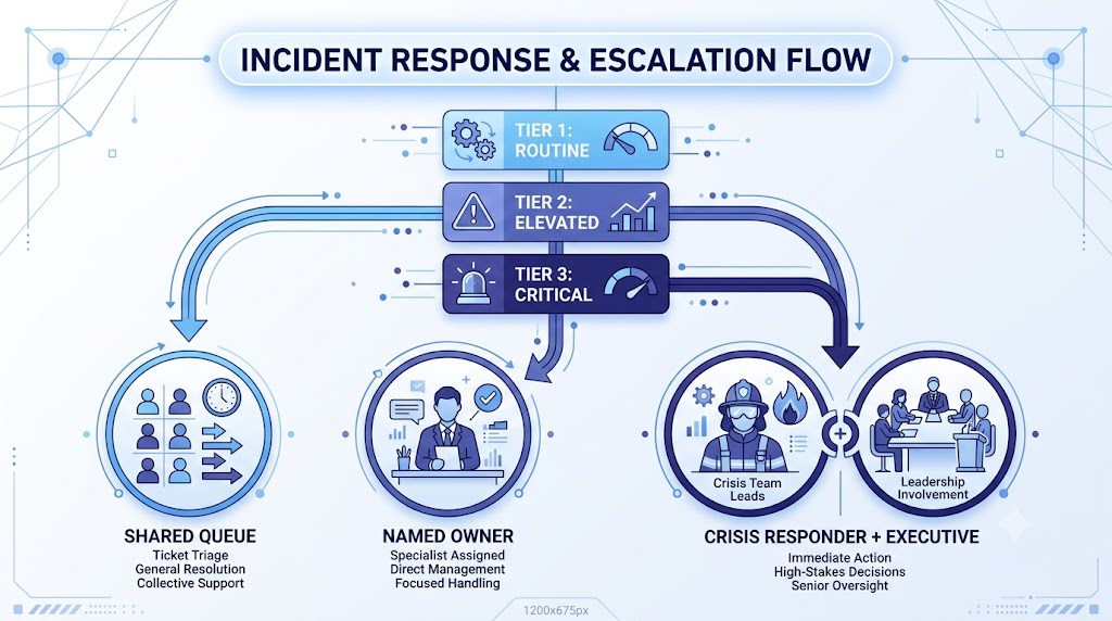 Escalation matrix showing routine mentions routed to a shared queue, elevated mentions to a named owner, and critical mentions to a crisis responder with executive notification