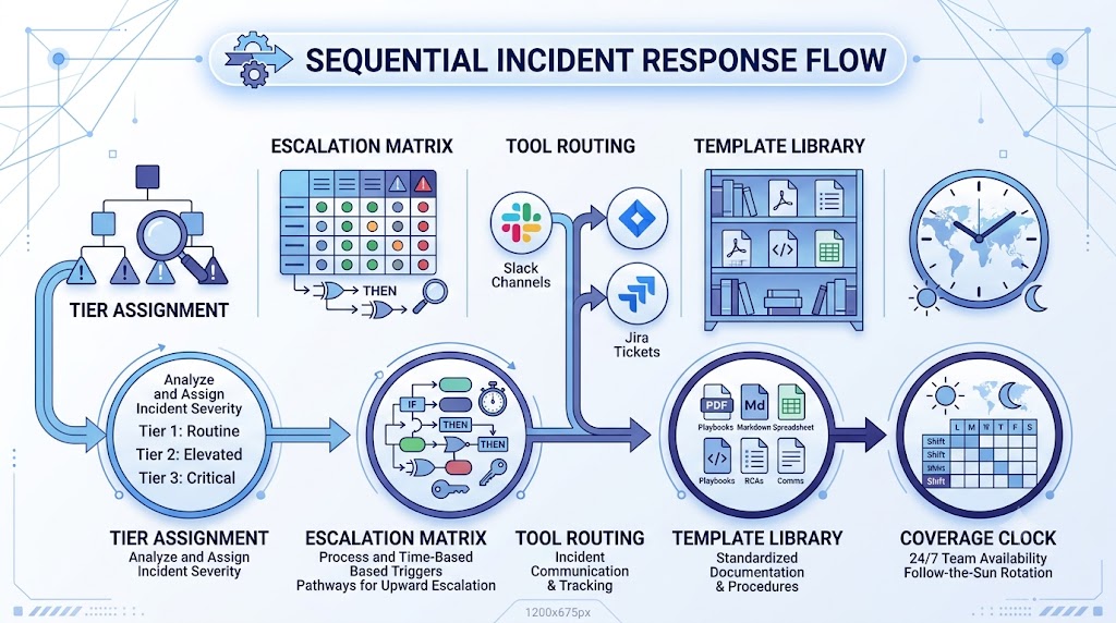 omplete social listening workflow diagram from alert through tier assignment, tool routing, templated response, and resolution logging